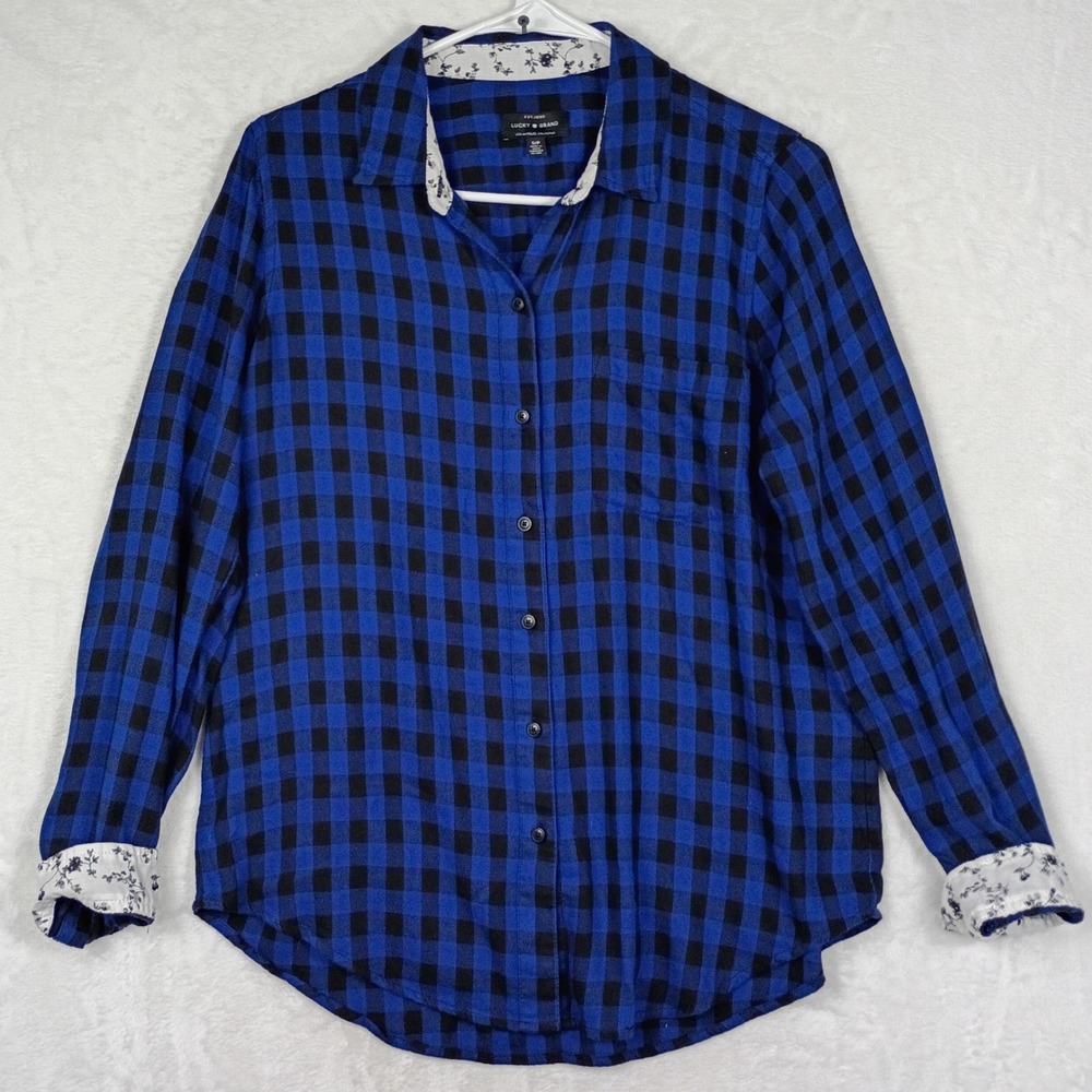 Lucky Brand Womens Blue Black Buffalo Plaid Button Down Shirt Floral Trim Small